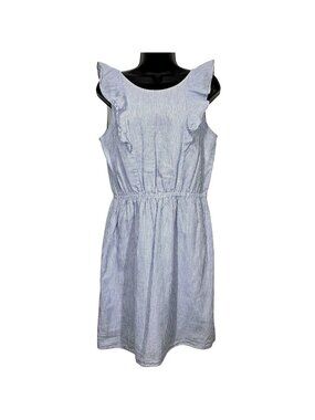 J Crew Dress 4 Blue White Stripe Linen Blend Ruffle Preppy Beachy Party